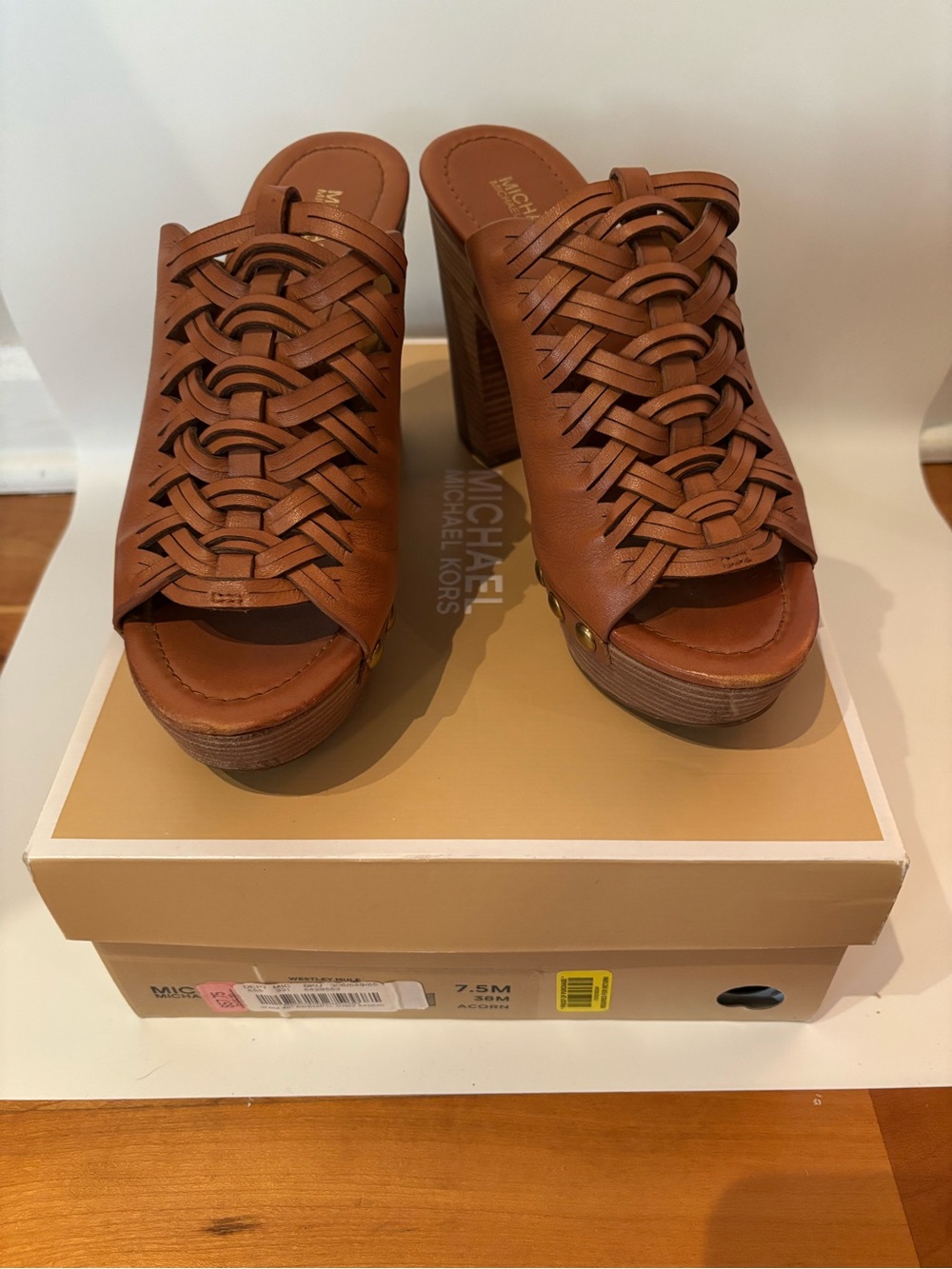 Michael Kors Westley Tan Woven Leather Platform Mules, 7.5 M